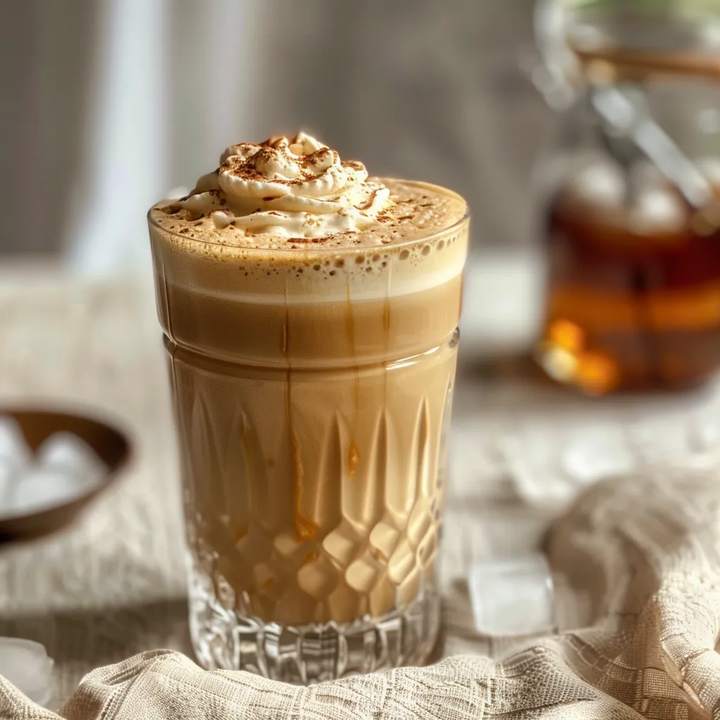 Detailed view of an iced caramel latte, highlighting its creamy texture and caramel drizzle.