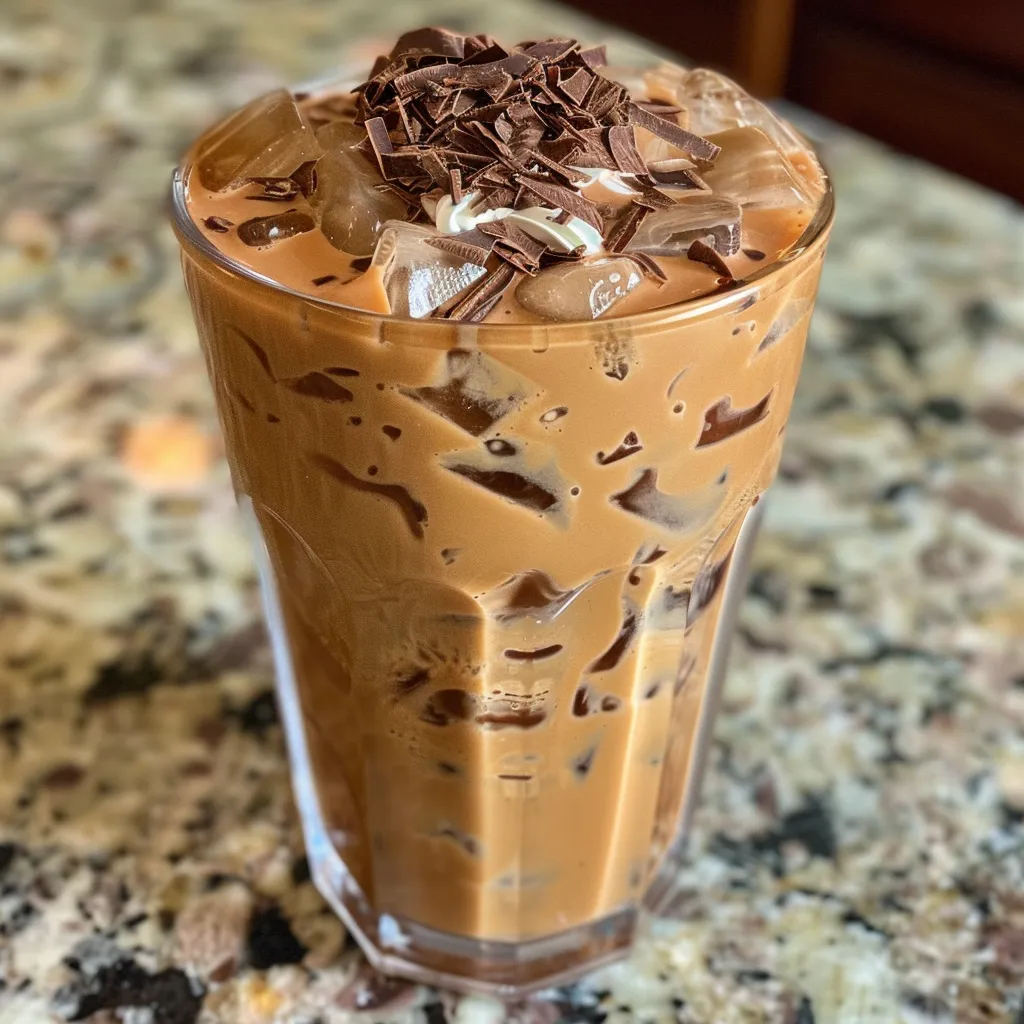 A visually appealing iced mocha oat latte with chocolate garnish and elegant presentation.