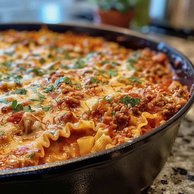 One-Pan Comfort: The Lazy Lasagna Skillet That Reunites Us A vibrant dish of Lazy Lasagna Skillet with visible ingredients like pasta and ricotta topped with mozzarella.