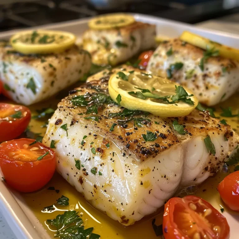 A Bright Bite of the Sea: Lemon Herb Baked Cod to Cherish Side view of Lemon Herb Baked Cod on a plate, featuring vibrant cherry tomatoes and lemon slices.