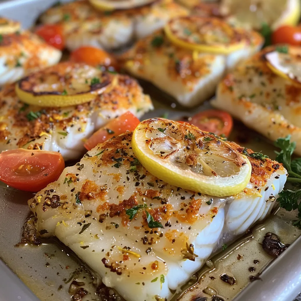Detailed view of flaky baked cod cooked with herbs, decorated with parsley and lemon.