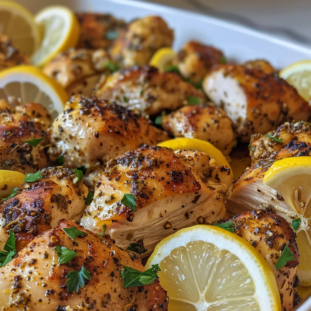 Juicy lemon pepper chicken close-up, featuring tender meat and a vibrant garnish of lemons and parsley.