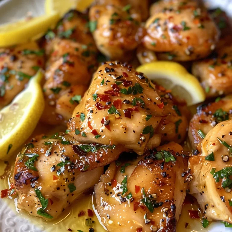 A plate of Lemony Garlic Butter Chicken garnished with fresh parsley and lemon wedges.
