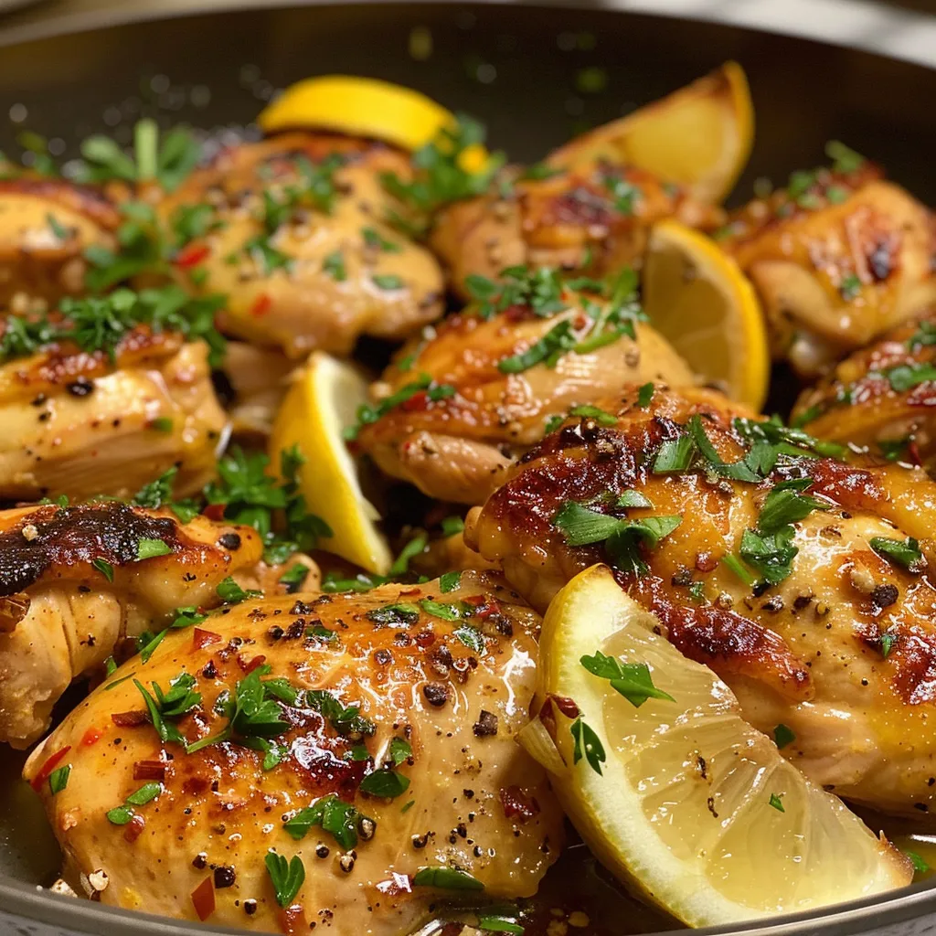 Delicious chicken pieces coated in a rich garlic butter sauce, ready to serve.
