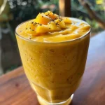 Refreshing breakfast smoothie made with mango and pineapple in a clear glass.