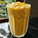 A refreshing mango pineapple smoothie in a clear glass, highlighting its tropical ingredients and smooth consistency.