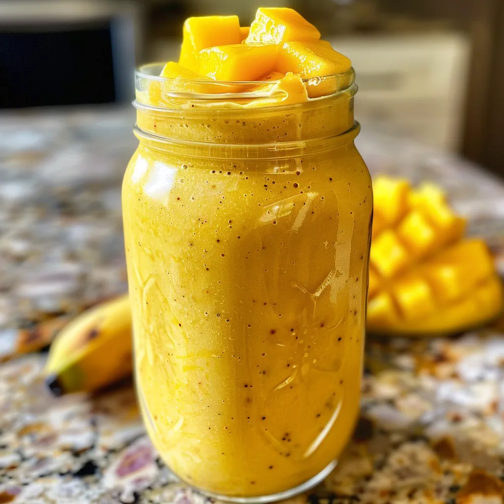 A detailed image of a mango pineapple smoothie with a straw, emphasizing its fruity layers and garnishes.