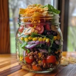 A detailed shot of a Mason Jar packed with seasoned ground beef, beans, and fresh veggies.