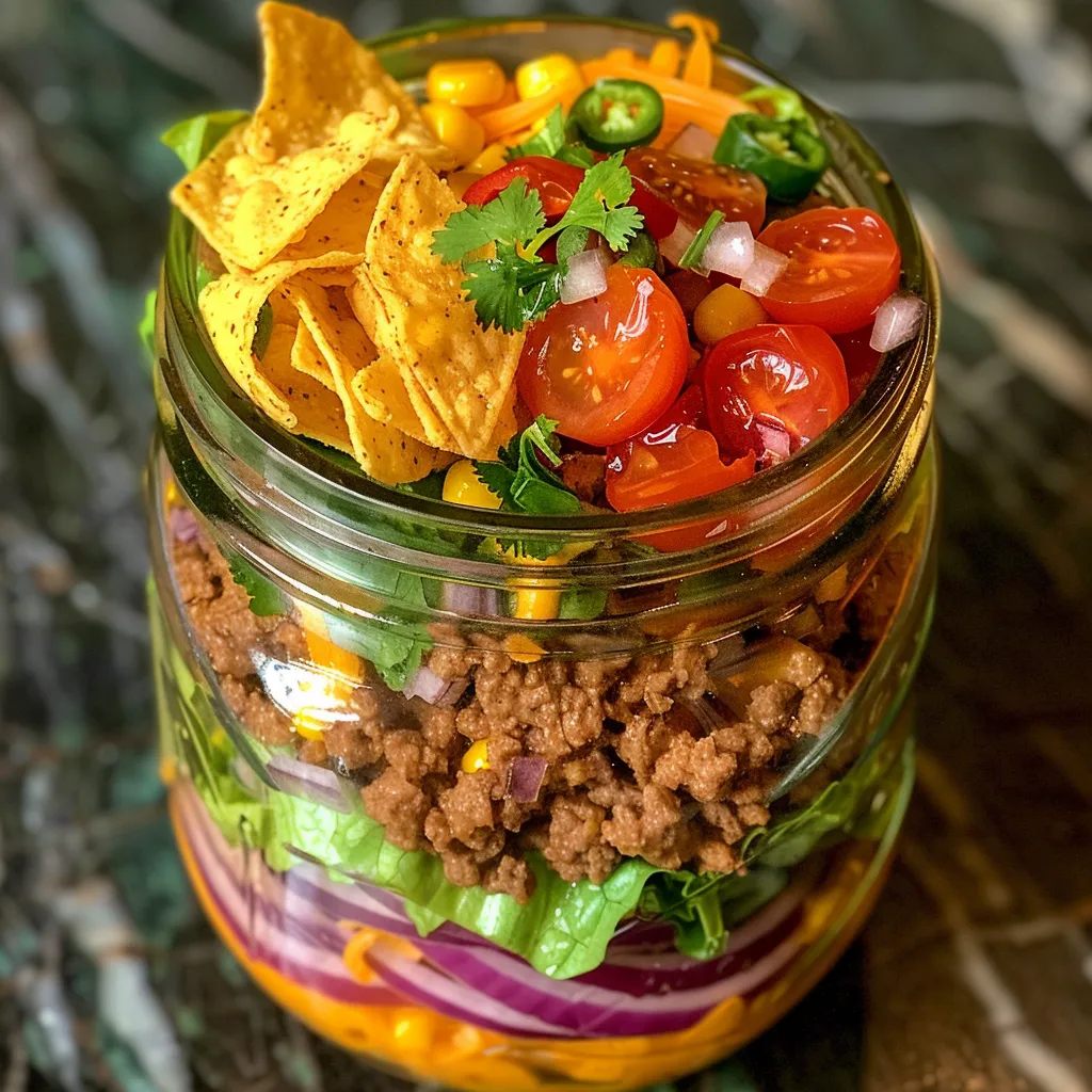 Close-up of a Mason Jar Taco Salad displaying fresh ingredients like lettuce and tomatoes.