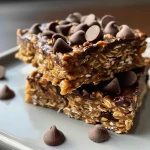 Juicy chocolate oatmeal bars with a glossy surface, topped with chocolate chips.