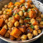 Detailed image of a nutritious One-Pan Chickpea Bowl featuring roasted carrots, quinoa, and a creamy tahini dressing.