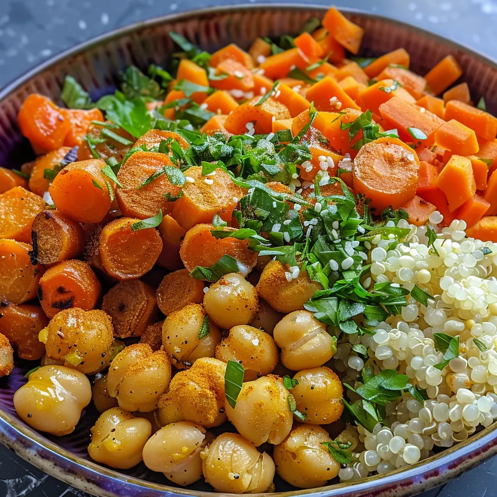 Close-up of a delicious meal comprising roasted carrots and chickpeas, set against a wooden table.
