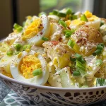 A detailed shot of a homemade potato salad, featuring herbs and spices on top.
