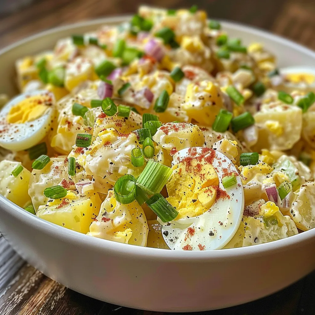 A close-up perspective of a bowl of potato salad, highlighting its creamy texture and ingredients.