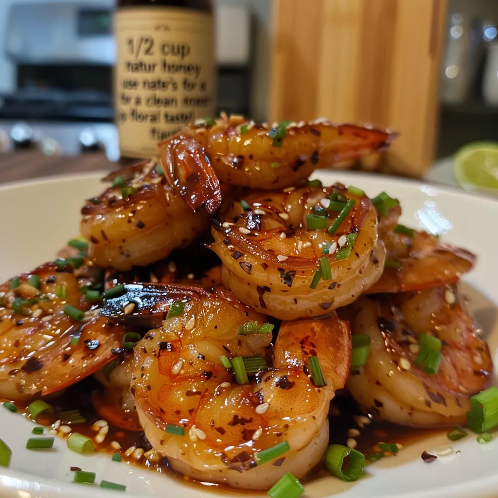 Tasty shrimp dish featuring glossy honey garlic sauce and vibrant green garnishes.