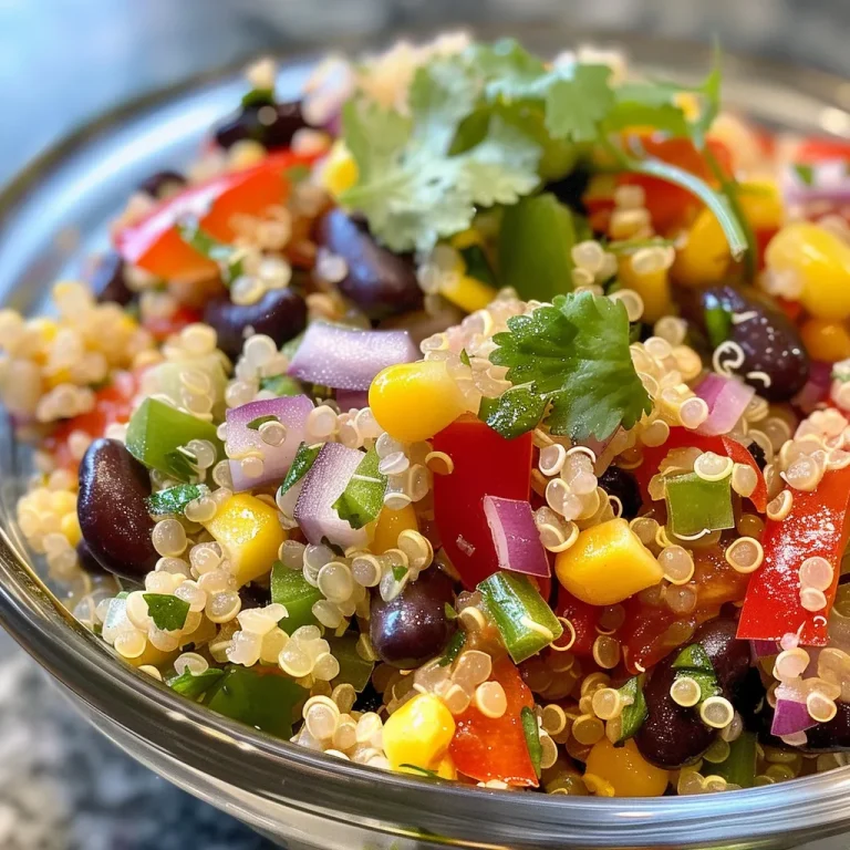 Juicy quinoa and black bean salad displayed in a bowl with colorful ingredients.