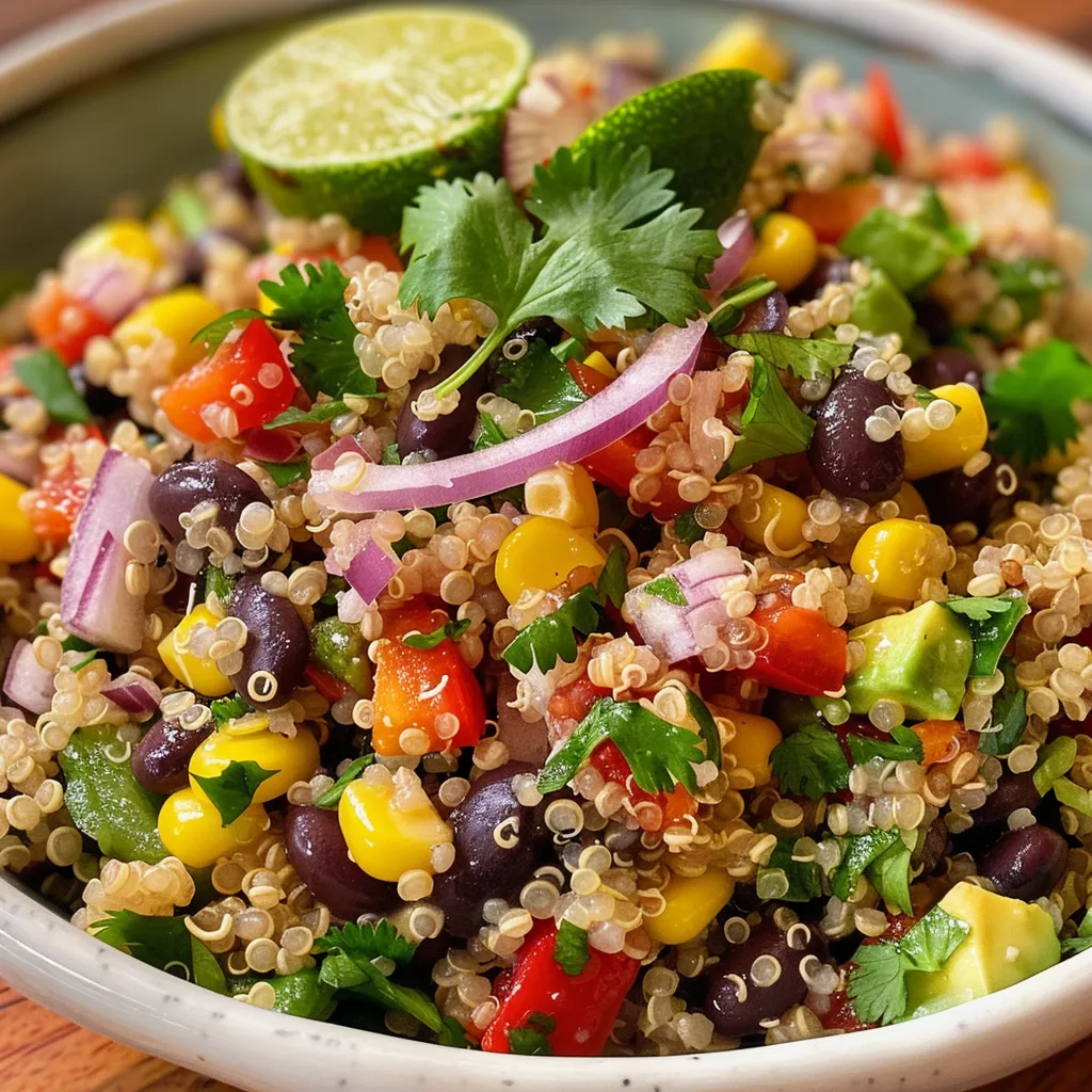 Side view of a fresh quinoa salad with black beans and red bell pepper.