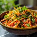 A fresh salad made of rainbow carrots, garnished with cilantro and basil, showcasing a variety of colors.