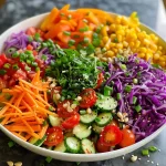 A side view of a lush rainbow salad with mixed greens, cherry tomatoes, and a creamy tahini dressing.