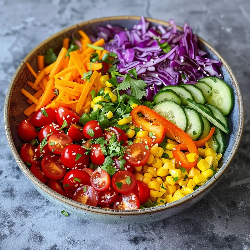 Juicy rainbow salad presented with a drizzle of tahini dressing, showcasing a variety of fresh vegetables.