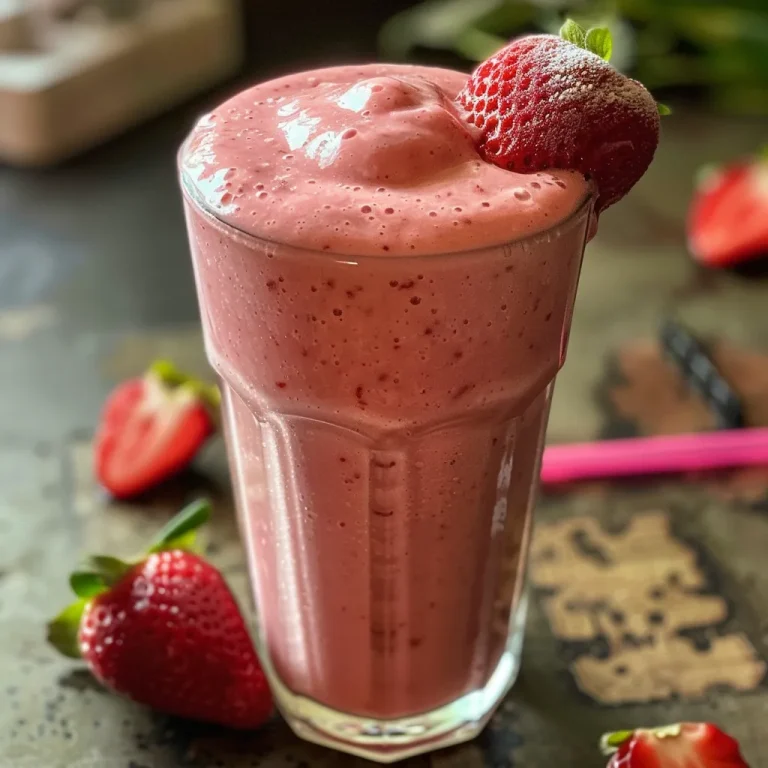 A side view of a strawberry smoothie filled with fresh strawberries and creamy yogurt, served in a clear glass.