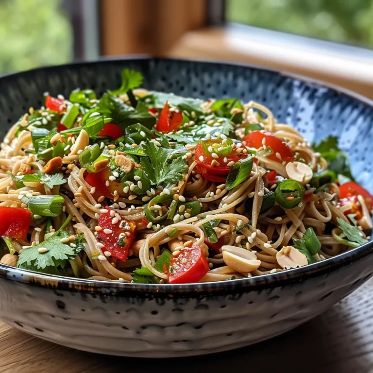 Side view of a delicious noodle salad featuring cucumbers and red peppers.
