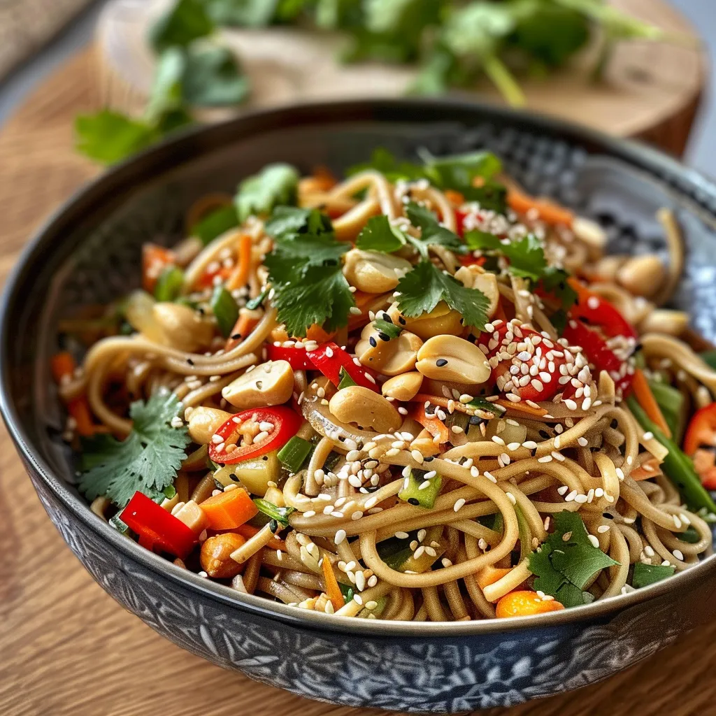 Refreshing cold noodle salad garnished with peanuts and spring onions.