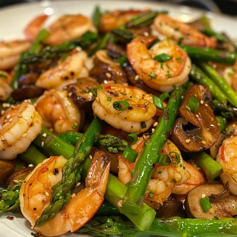 A Harmony of Ocean and Earth: Shrimp and Asparagus Stir Fry Juicy shrimp and fresh asparagus stir fry displayed in a bowl with colorful toppings.