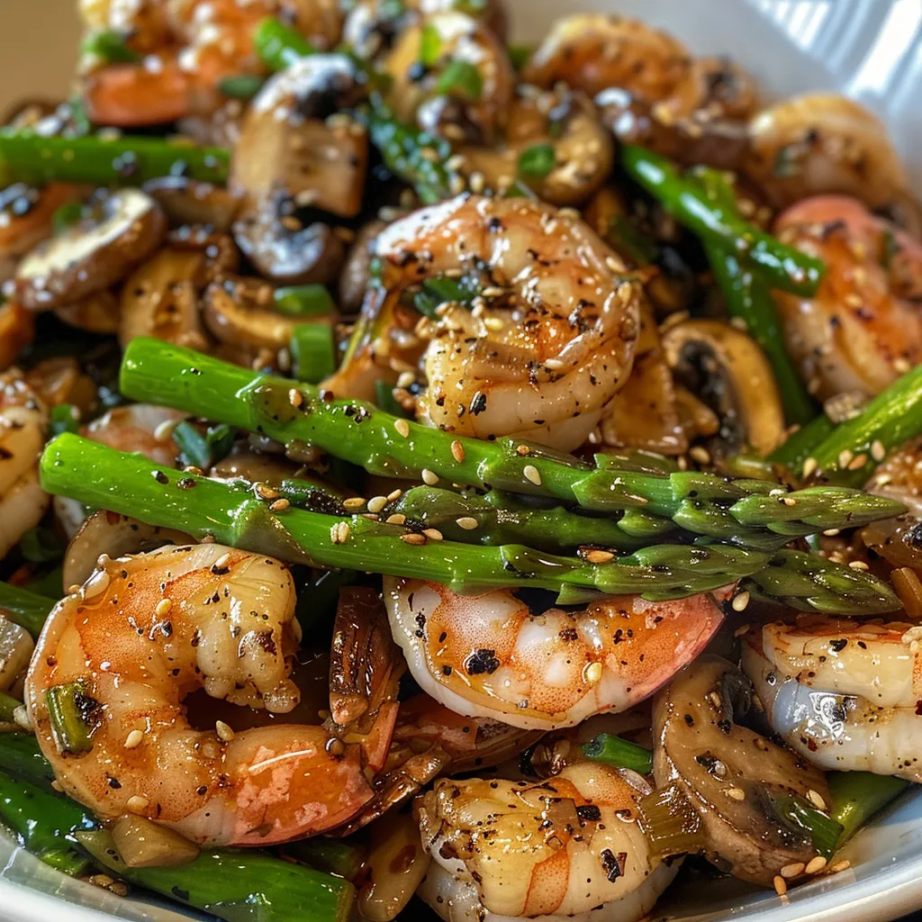 A beautifully arranged stir fry featuring shrimp and asparagus, showcasing herbs and spices.