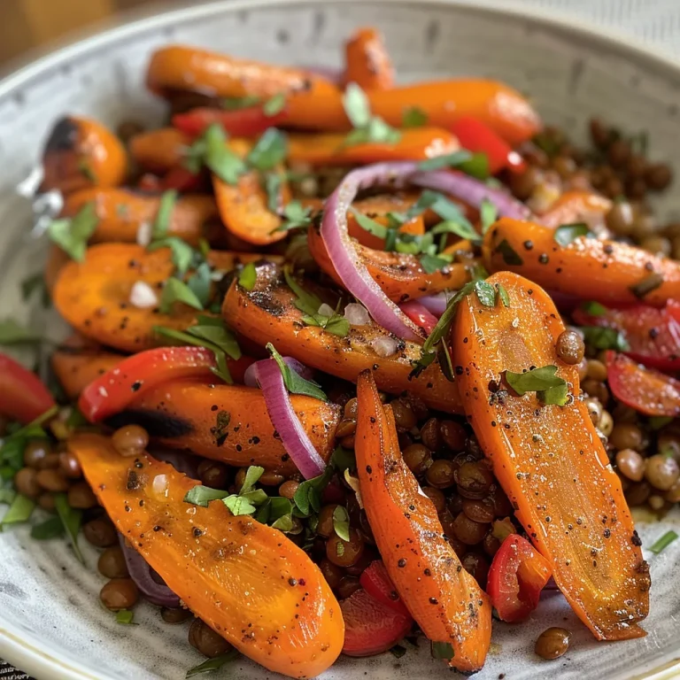 Detail shot of roasted carrots garnished with spices next to a bowl of lentil salad.