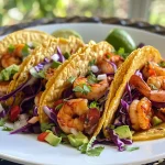 Delicious spicy shrimp tacos highlighted by colorful cabbage and cilantro, presented in a side view.
