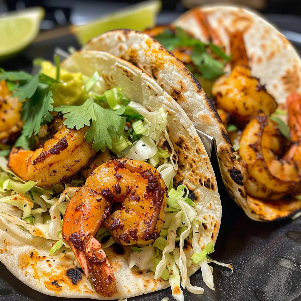 A plate of shrimp tacos garnished with fresh herbs and lime, showcasing their vibrant ingredients.