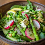 Detailed shot of a spring salad with mixed greens, asparagus, and lemon zest.