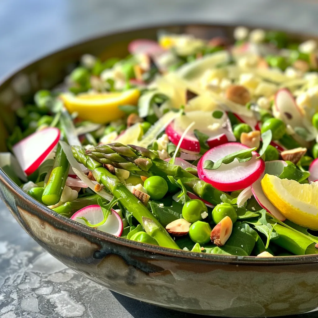 Fresh salad displaying asparagus, peas, and toasted hazelnuts on a plate.