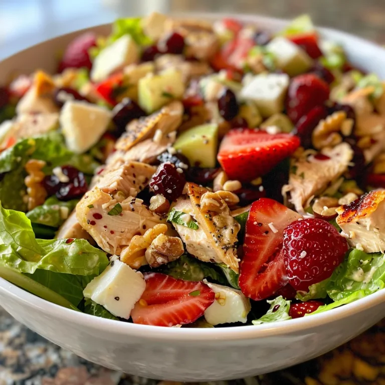 A Symphony of Freshness: The Strawberry Chicken Salad That Dances on Your Palate Appetizing shot of Strawberry Chicken Salad with romaine lettuce and toppings.