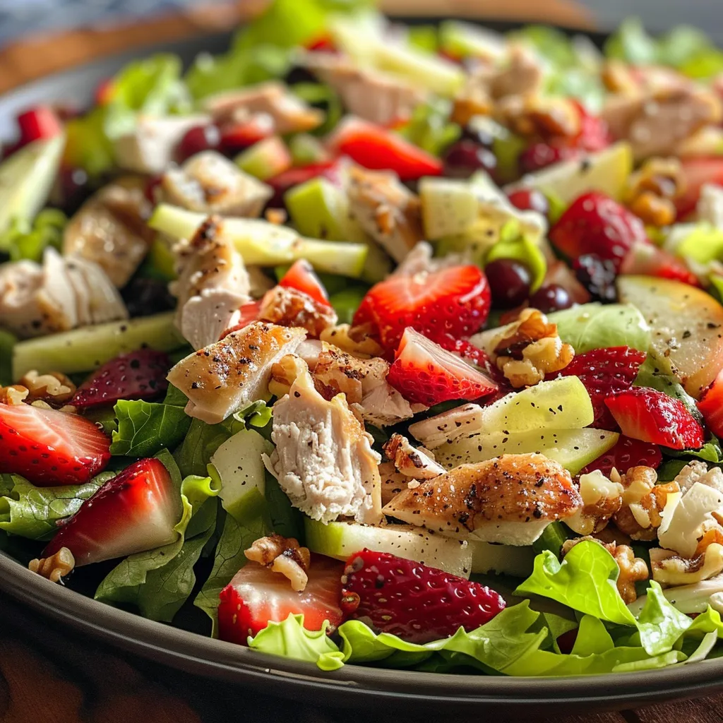 Detailed view of a salad bowl filled with chicken, strawberries, and nuts.