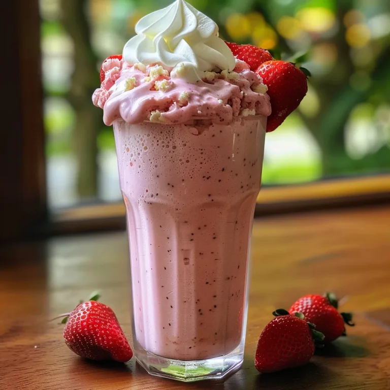 A Heartfelt Blend: The Strawberry Protein Shake That Brightens Your Day Juicy strawberry protein shake in a glass, with visible strawberry pieces and a straw, against a blurred background.