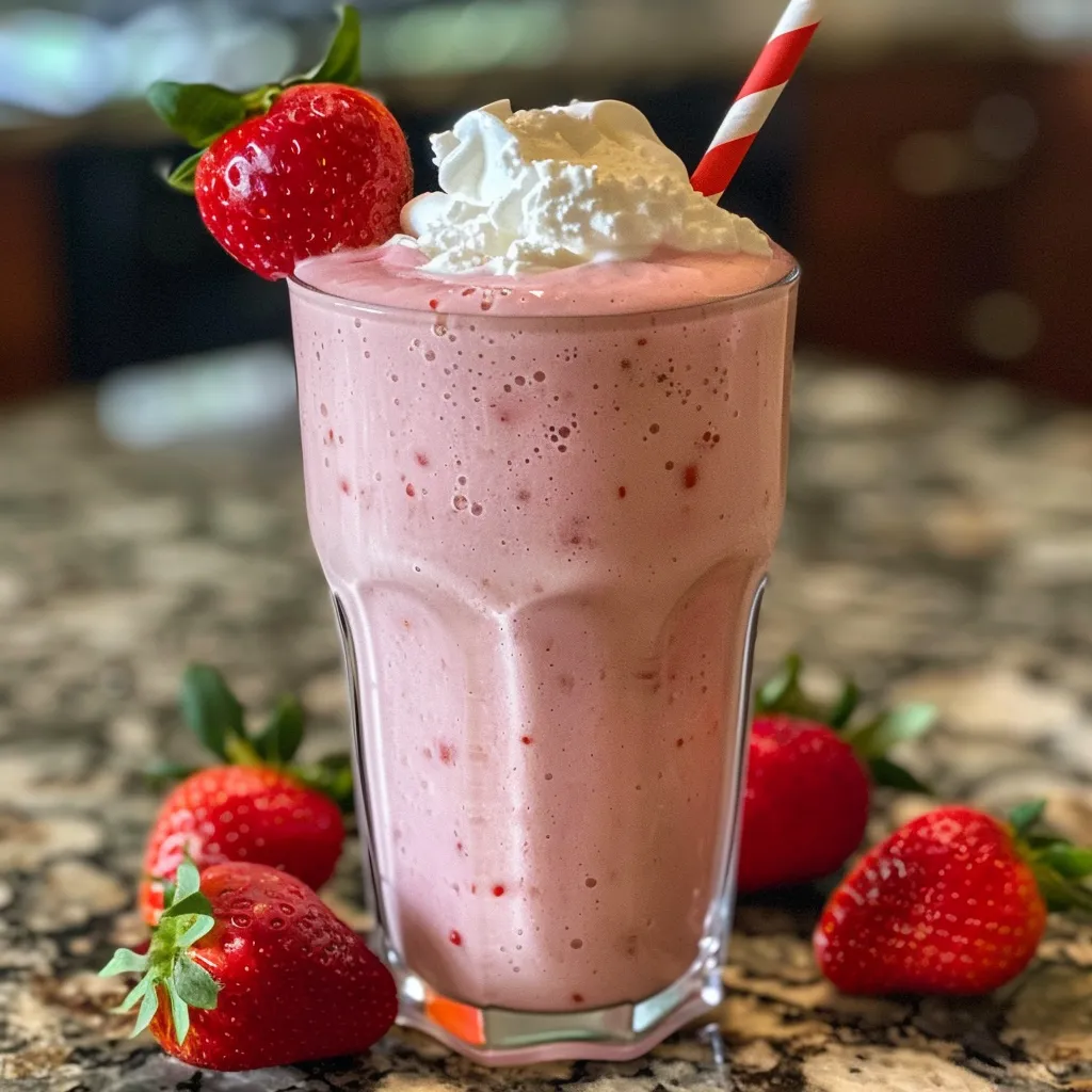 Refreshing strawberry protein shake with a smooth texture, featuring fresh strawberries on top and a hint of whipped cream.