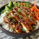 Juicy Teriyaki Chicken served over fluffy rice with a variety of fresh vegetables.