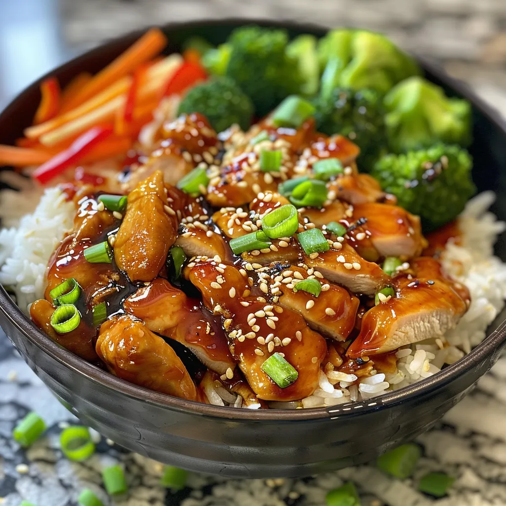 Teriyaki Chicken Bowl showcasing tender chicken thighs and vibrant chopped vegetables.