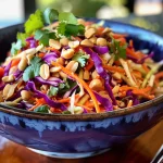 Fresh Thai Crunchy Slaw in a bowl showcasing a mix of green and purple cabbage, carrots, and herbs topped with a smooth dressing.