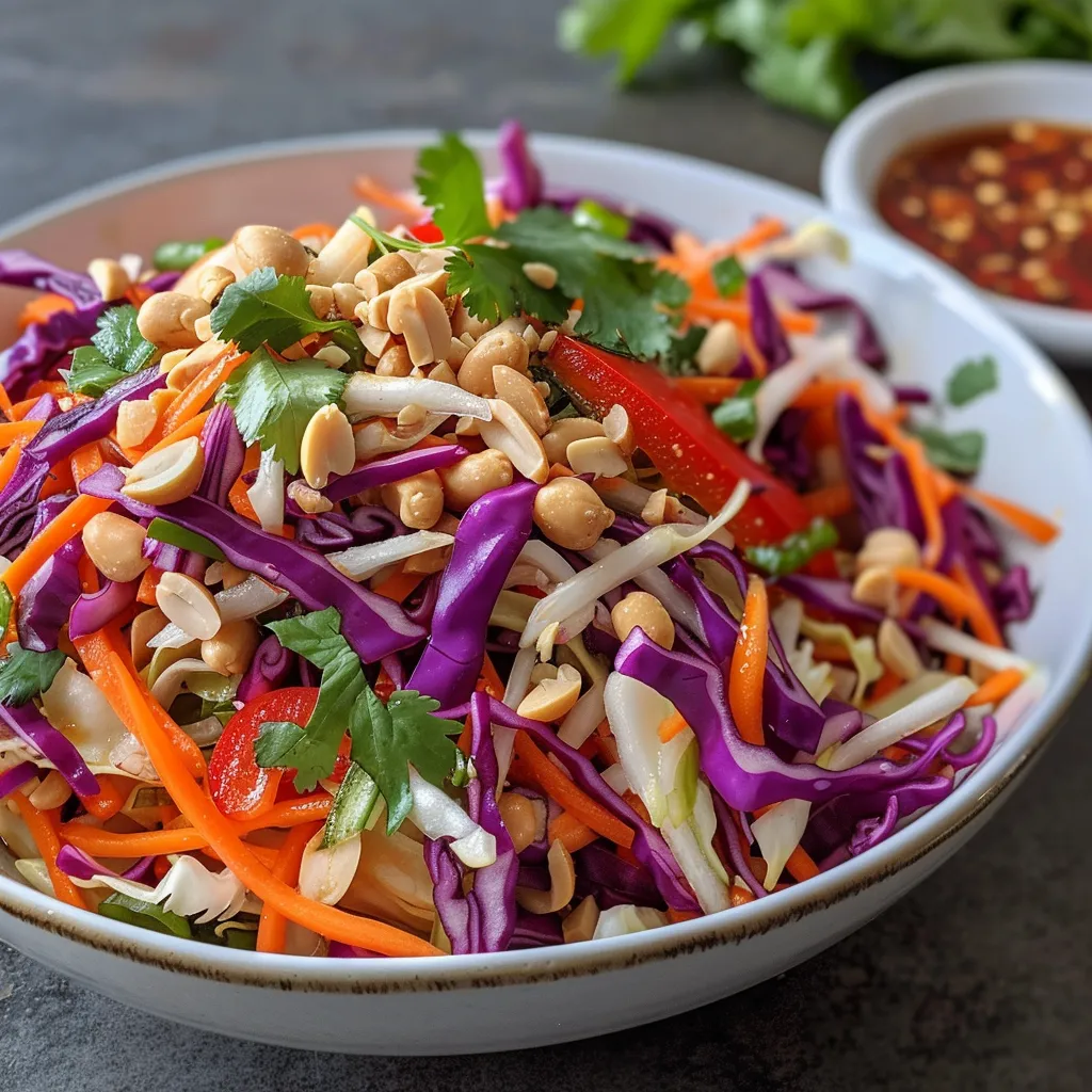 Side view of a bowl filled with Thai Crunchy Slaw, highlighting the colorful ingredients and crunchy texture.