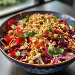 Juicy Thai Peanut Slaw captured in detail, showcasing layers of colorful vegetables and herbs.