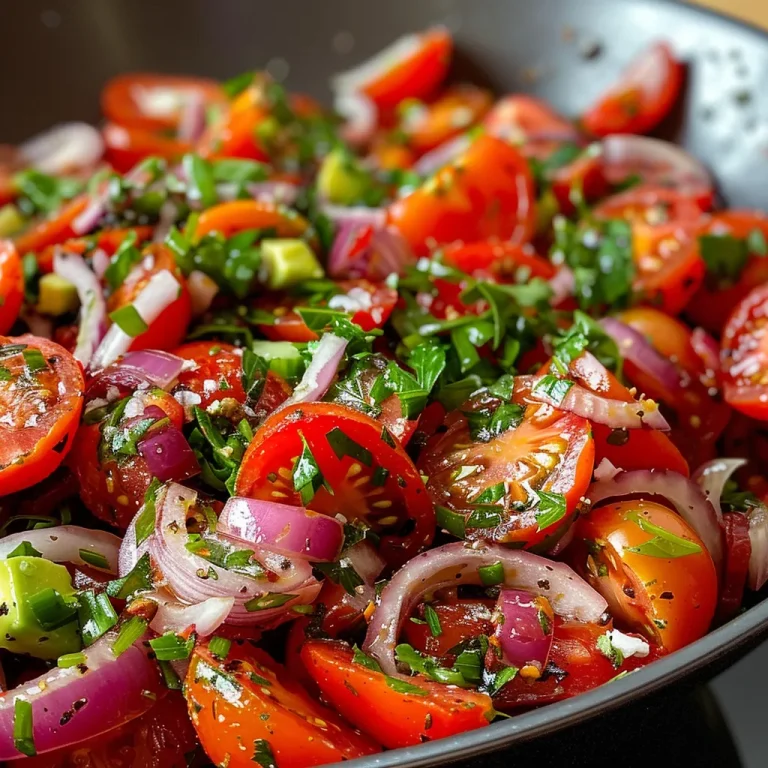 The Salad That Whispers Summer’s Sweetness A fresh tomato and onion salad served in a bowl, showcasing its juicy ingredients and bright colors.