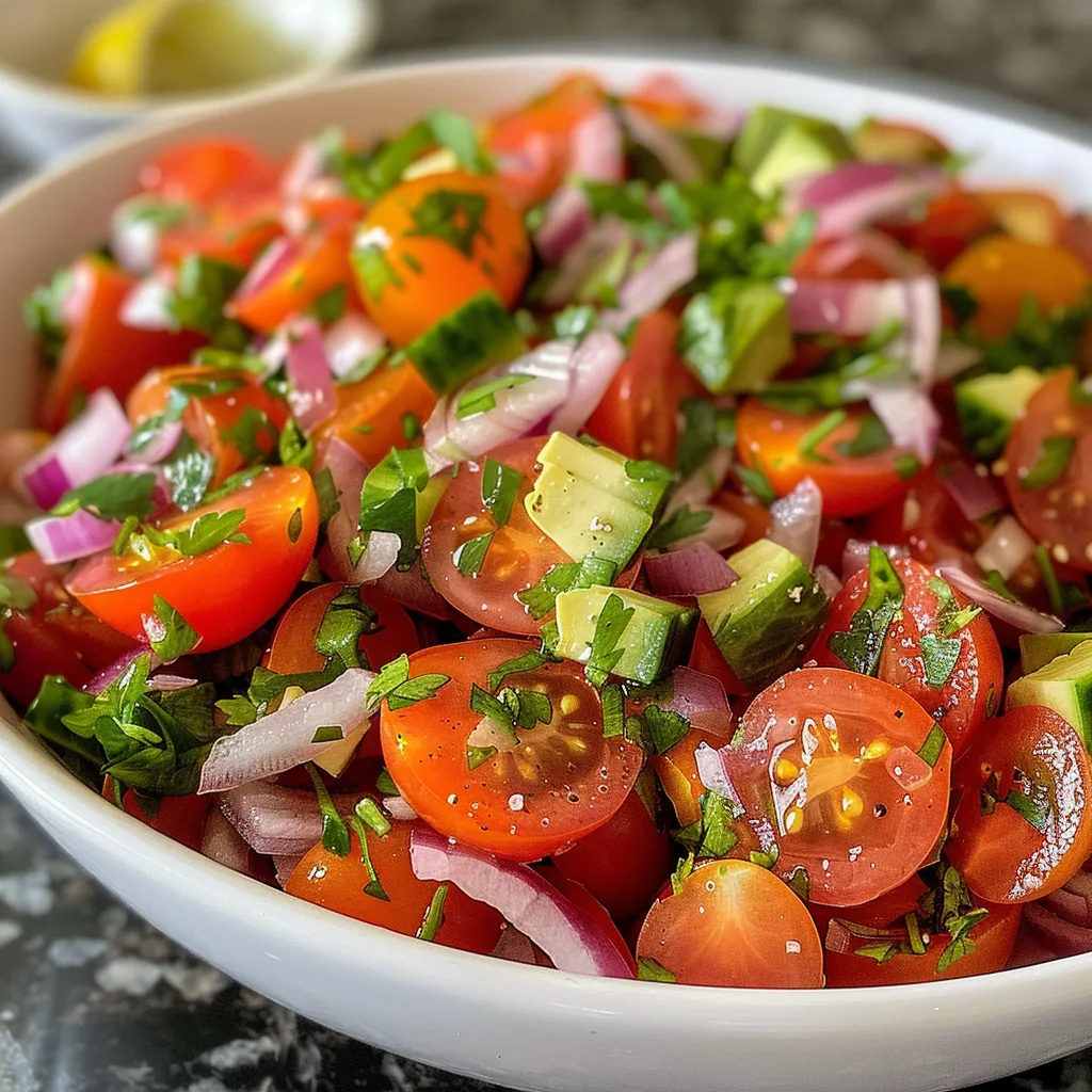 A side view of a delicious salad with cherry tomatoes, onion, cucumber, and cilantro, ready for serving.
