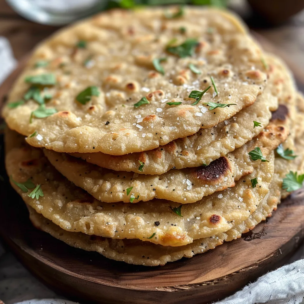 A side shot of savory looking vegan flatbreads made from chickpea flour, showcasing their fluffy structure.