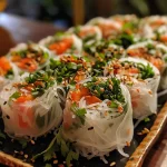 Juicy and vibrant rice paper rolls displayed on a light background.