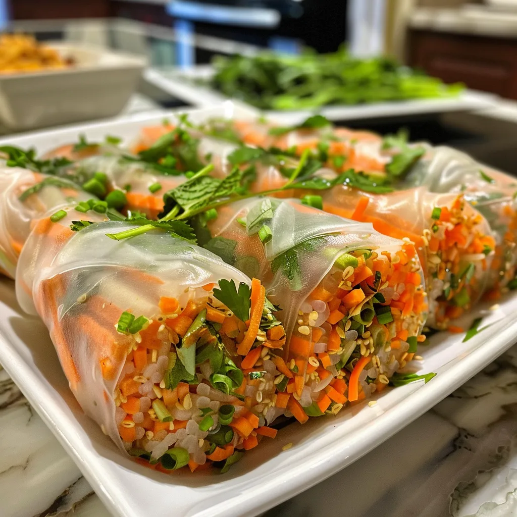 Detailed image of rice paper rolls, revealing juicy fillings and dipping sauce.