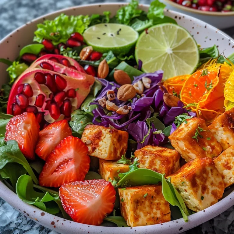 Side view of a rainbow salad filled with colorful ingredients like strawberries and physalis.