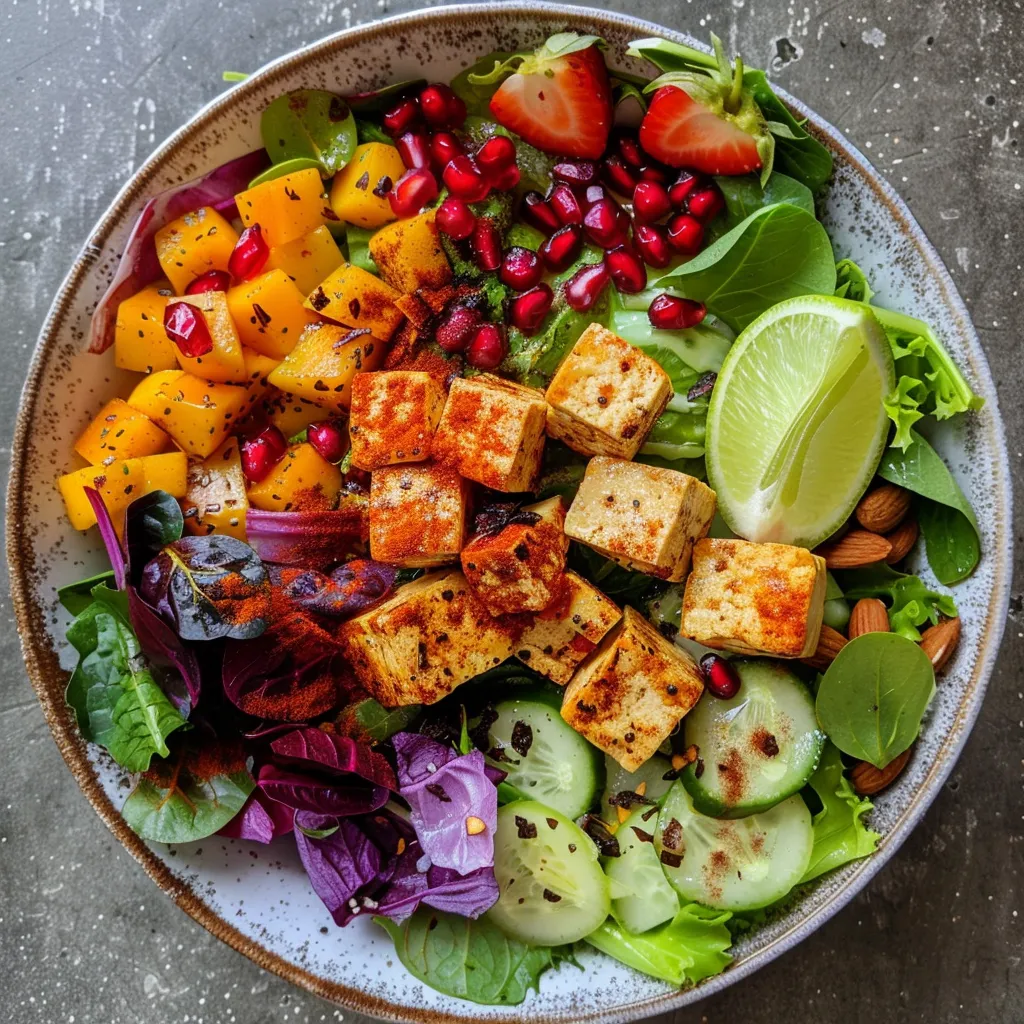 Detailed photo of a spring salad showcasing tofu, seeds, and a mix of greens.